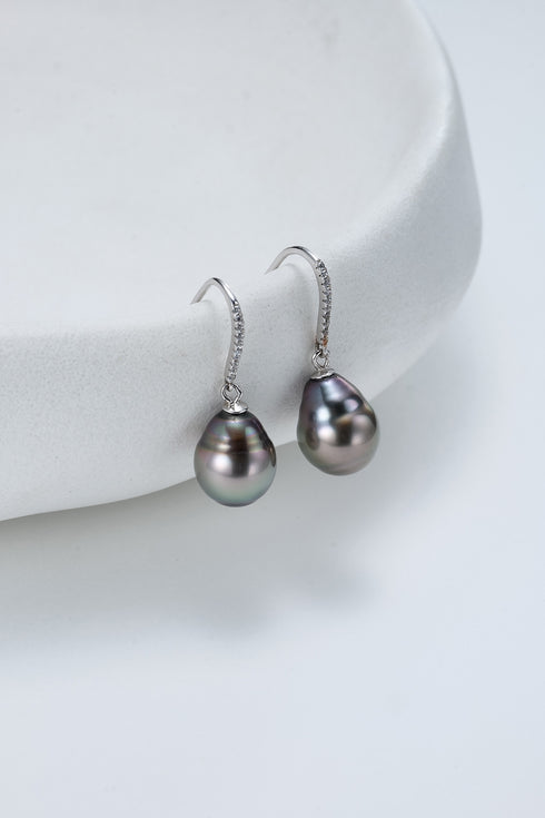Classic Tahitian Black Baroque Pearl Hook Earrings - Sterling Silver